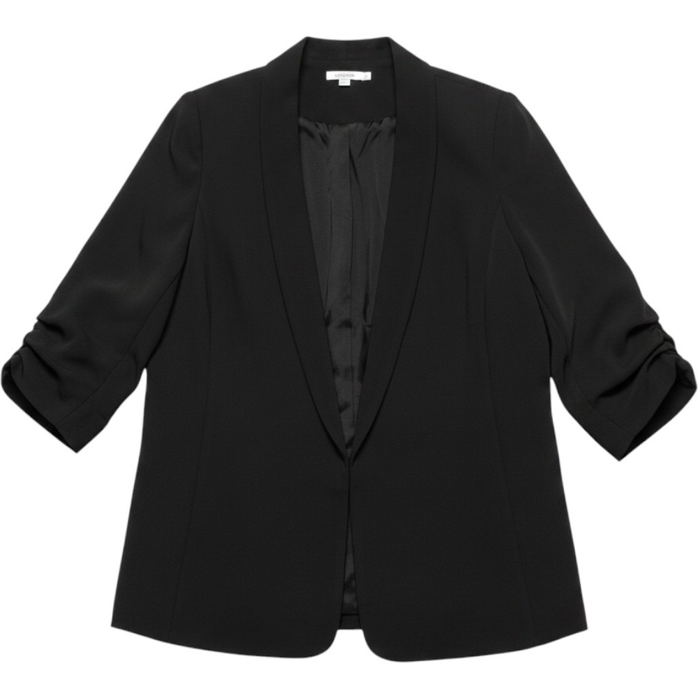 Chicos Ruched Sleeve Open Front Blazer Black Sz 2 US 12 Boho Chic Office Career